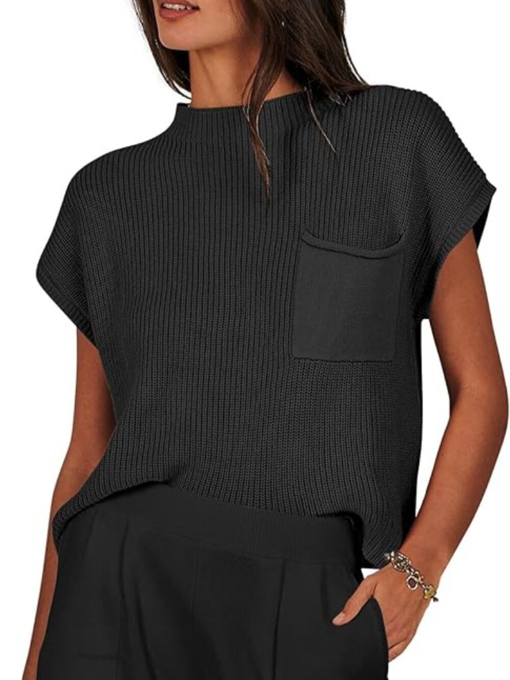 NWT Zesica Short Sleeve Mock Neck Knit Pullover Top and Shorts Set XL Black - Picture 2 of 12